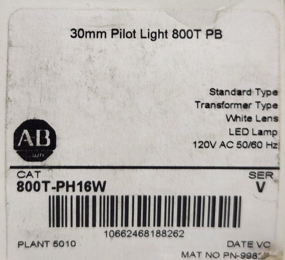 ALLEN BRADLEY 800T PH16W 120 VAC WHITE LED Pilot Light