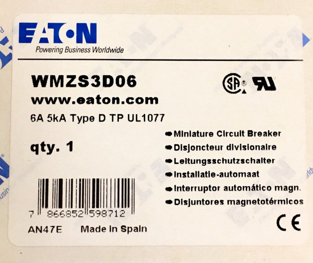 EATON WMZS3D06 3 Pole 6 AMP Type D6 Circuit Breaker