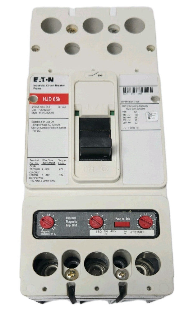 EATON CUTLER HAMMER HJD3150 3 Pole HJD3250F Breaker Frame with JT3150T Trip Unit