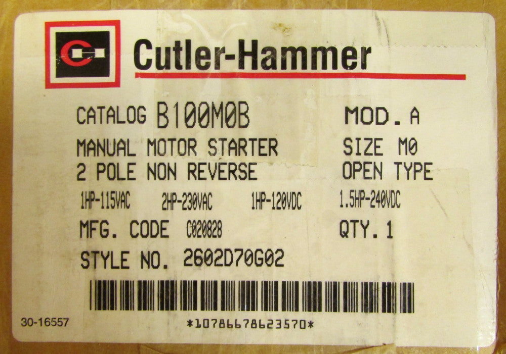 CUTLER HAMMER B100M0B Size MO Model A Manual Motor Starter 2 Pole 2602D70G02