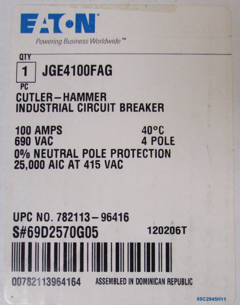 EATON CUTLER HAMMER JGE4100FAG 4 pole 100A J250E Circuit Breaker JGE4250NN Frame