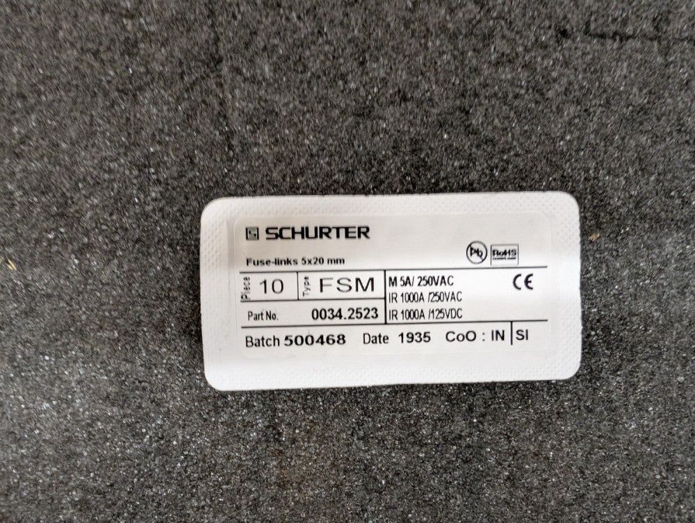 New, Schurter, 0034.2523, FUSE CERM 5A 250VAC 125VDC 5X20 - Lot of 10pcs