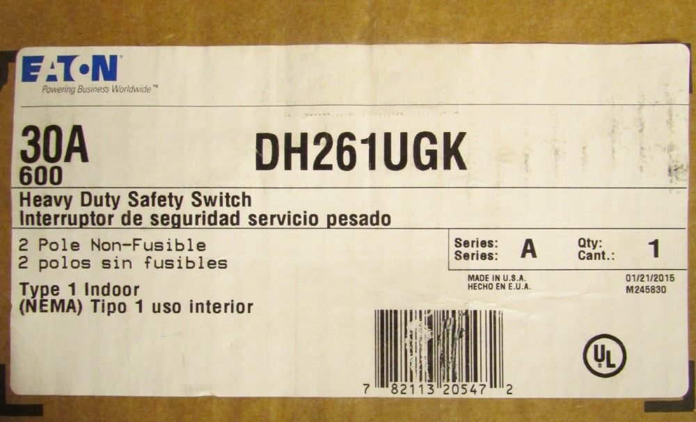 EATON CUTLER HAMMER Heavy Duty NEMA 1 Safety Switch 600V 3 Pole 30 Amp DH261UGK