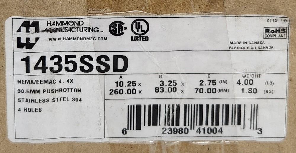 HM HAMMOND MANUFACTURING  1435SSD Nema 4 4x Stainless Steel Pushbutton Station