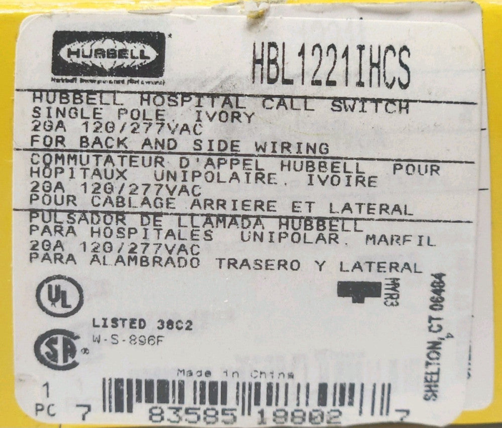 HUBBELL HBL1221IHCS 20 AMP 120 277 VAC HOSPITAL CALL SWITCH IVORY Single Pole