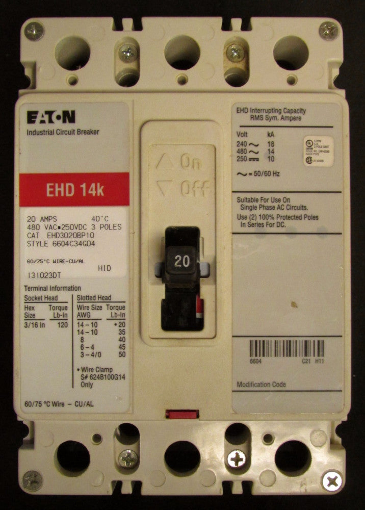 EATON CUTLER HAMMER Type EHD Circuit Breaker 3 Pole 20 Amp EHD3020 BP10 