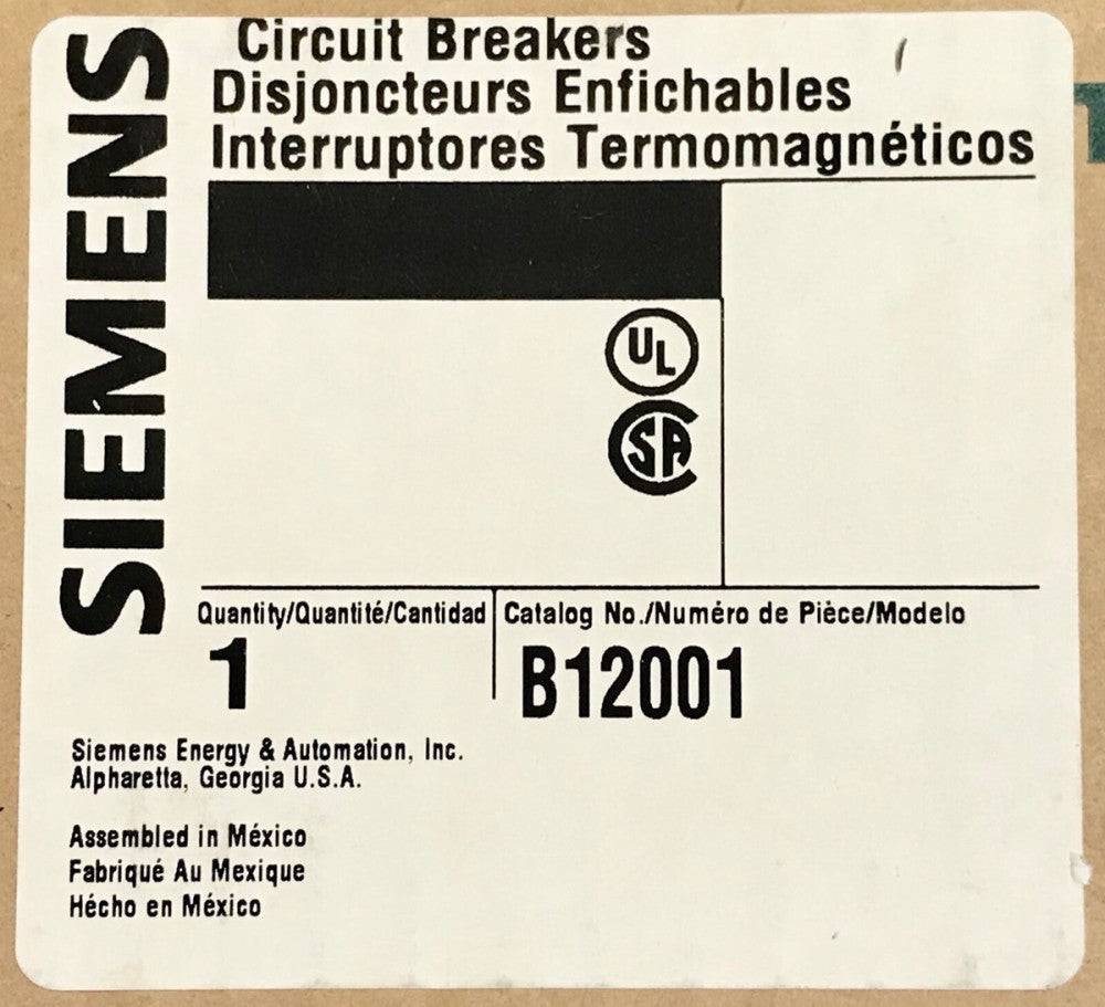 SIEMENS B12001 Single Pole 20 AMP Type BL Circuit Breaker 1A 1B Auxiliary 