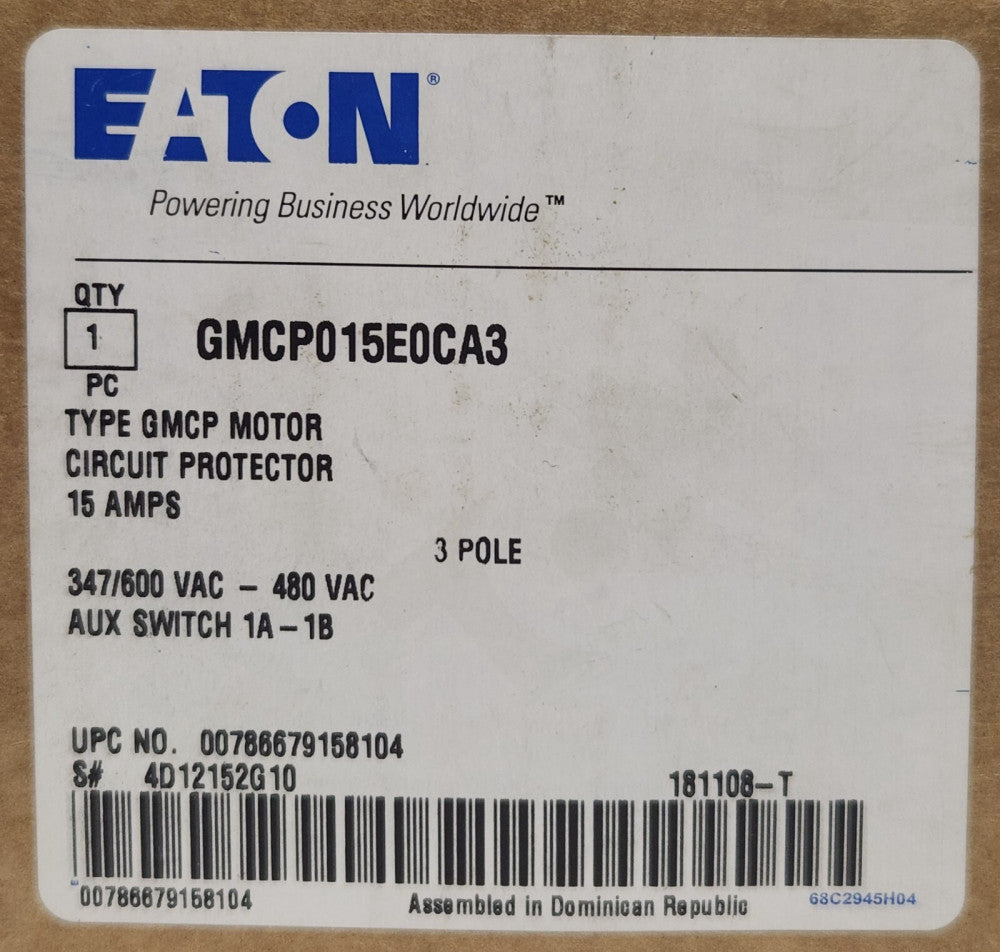 EATON CUTLER HAMMER GMCP015E0CA3 15 AMP GMCP Motor Circuit Protector 1A 1B Aux