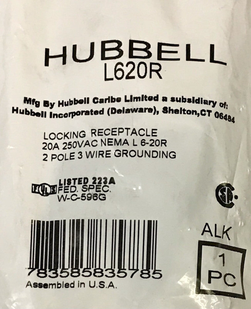 HUBBELL L620R 20 AMP 250 VAC L6-20R Locking Receptacle 2 Pole 3 Wire Grounding