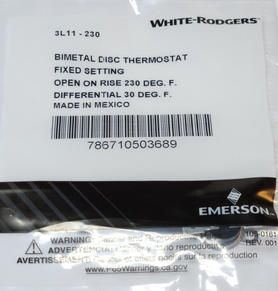 WHITE RODGERS 3L11-230 Bimetal Rise Thermostat Fixed Setting Open 230°