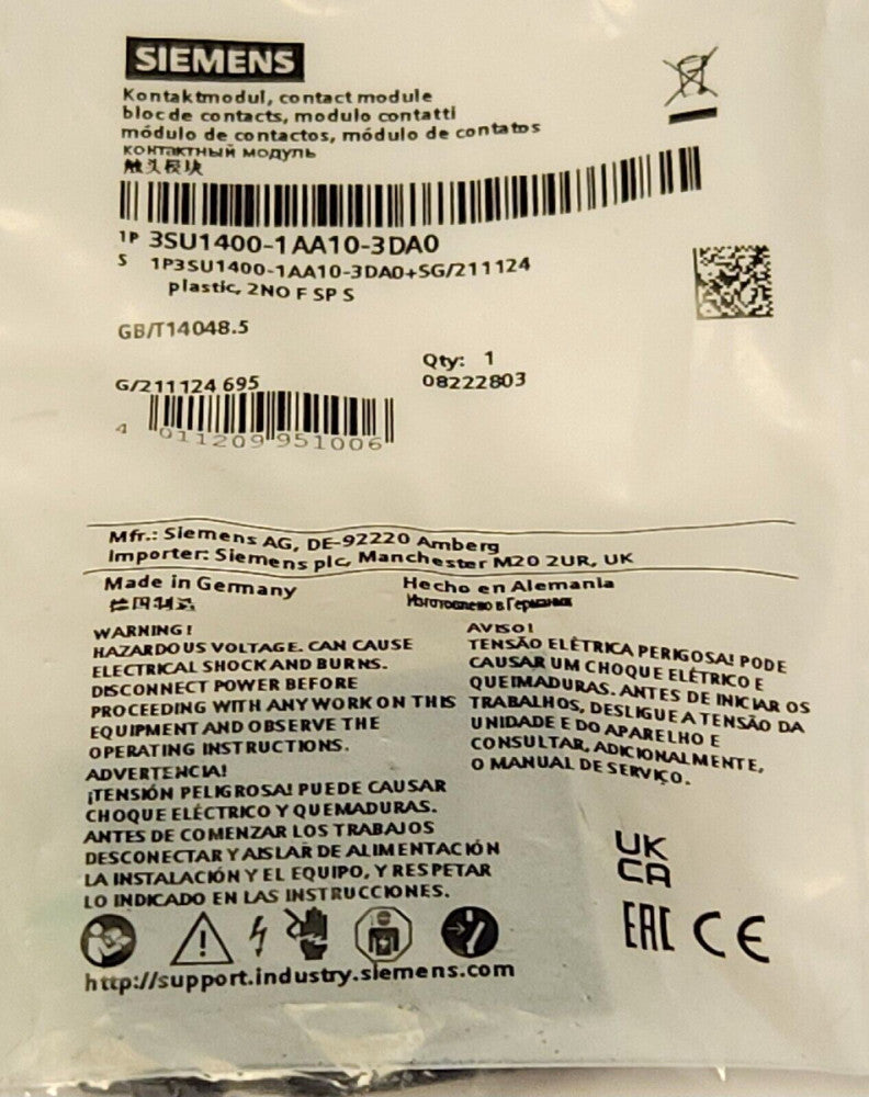 SIEMENS 3SU1400 1AA10 3DA0 Contact Block Module 2 NO F SP S for Pushbutton