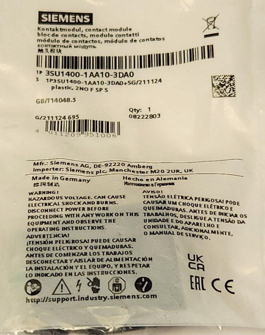 SIEMENS 3SU1400 1AA10 3DA0 Contact Block Module 2 NO F SP S for Pushbutton