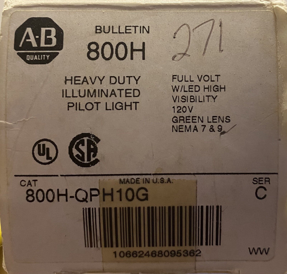 ALLEN BRADLEY 800H QPH10G Heavy Duty 120 VAC Green Illuminated Pilot Light