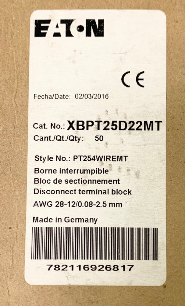 EATON XBPT25D22MT Disconnect Terminal Block PT254WIREMT AWG 28-12 0.08-2.5 MM