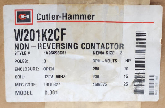 EATON CUTLER HAMMER W201K2CF Size 2 Advantage Contactor W201