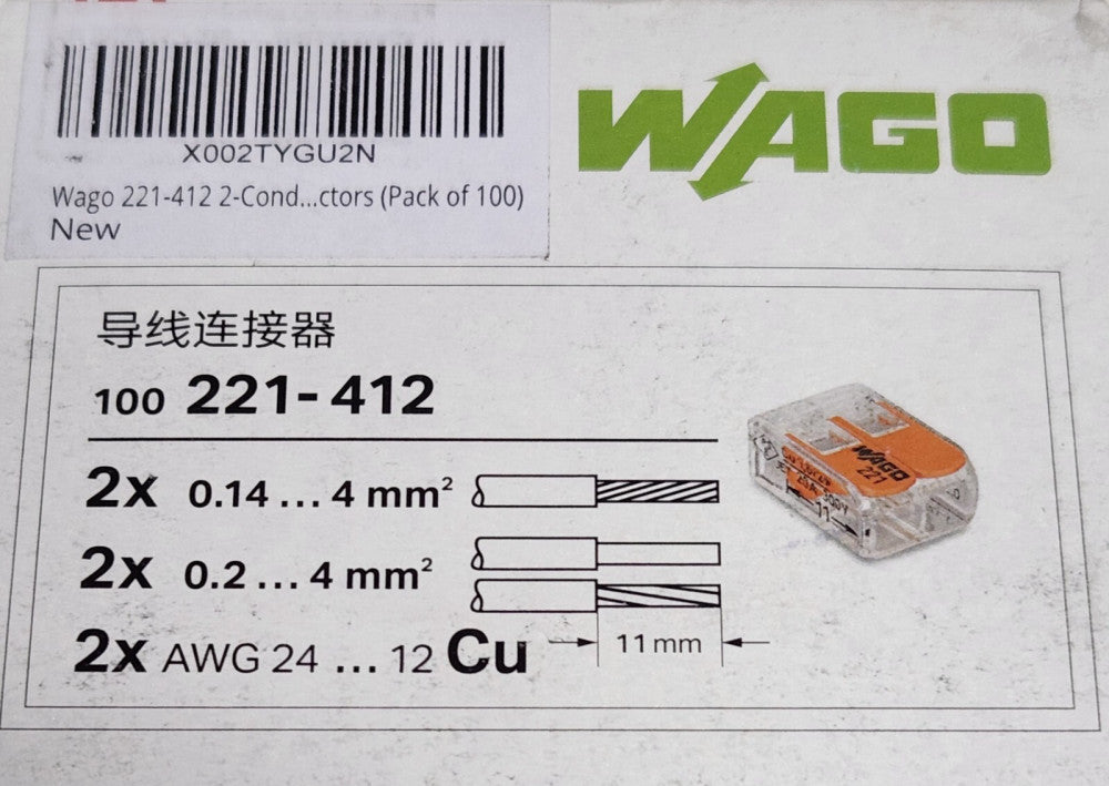 BOX OF 100 WAGO 221 412 Compact Splicing Connector 2 Conductor Lever Nut 221-412