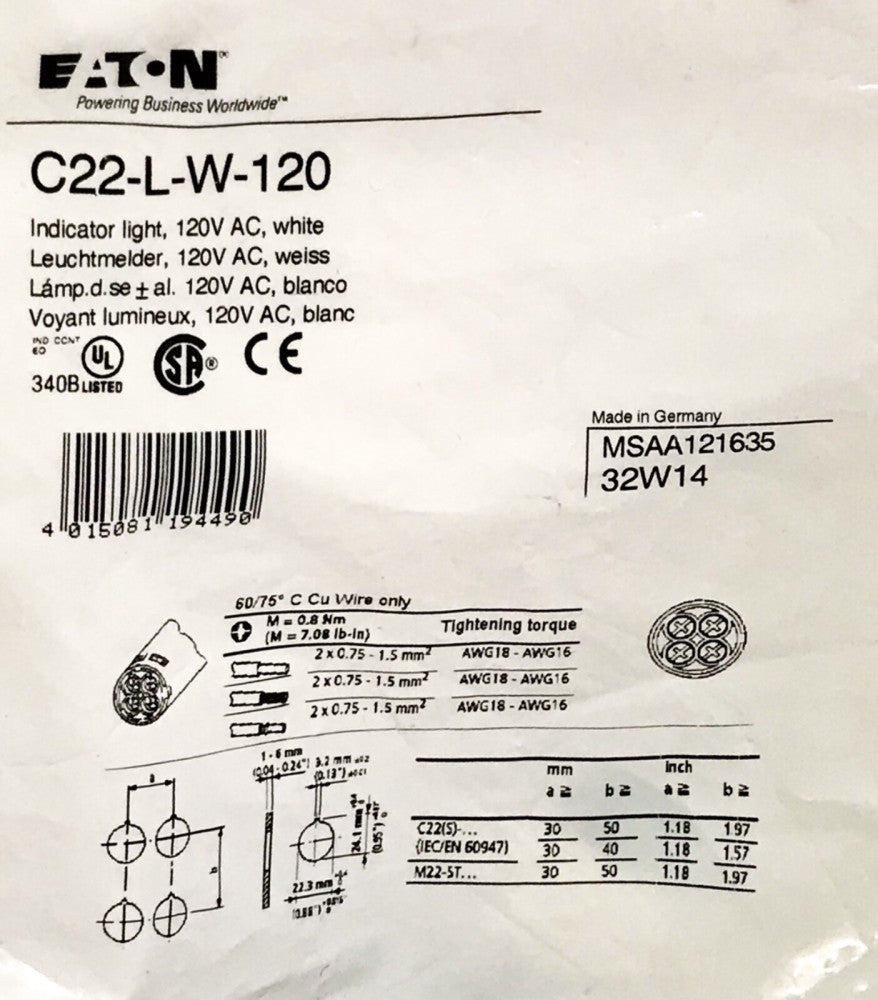EATON C22 L W 120 White 120 VAC Indicator Indicating Pilot Light C22-L-W-120
