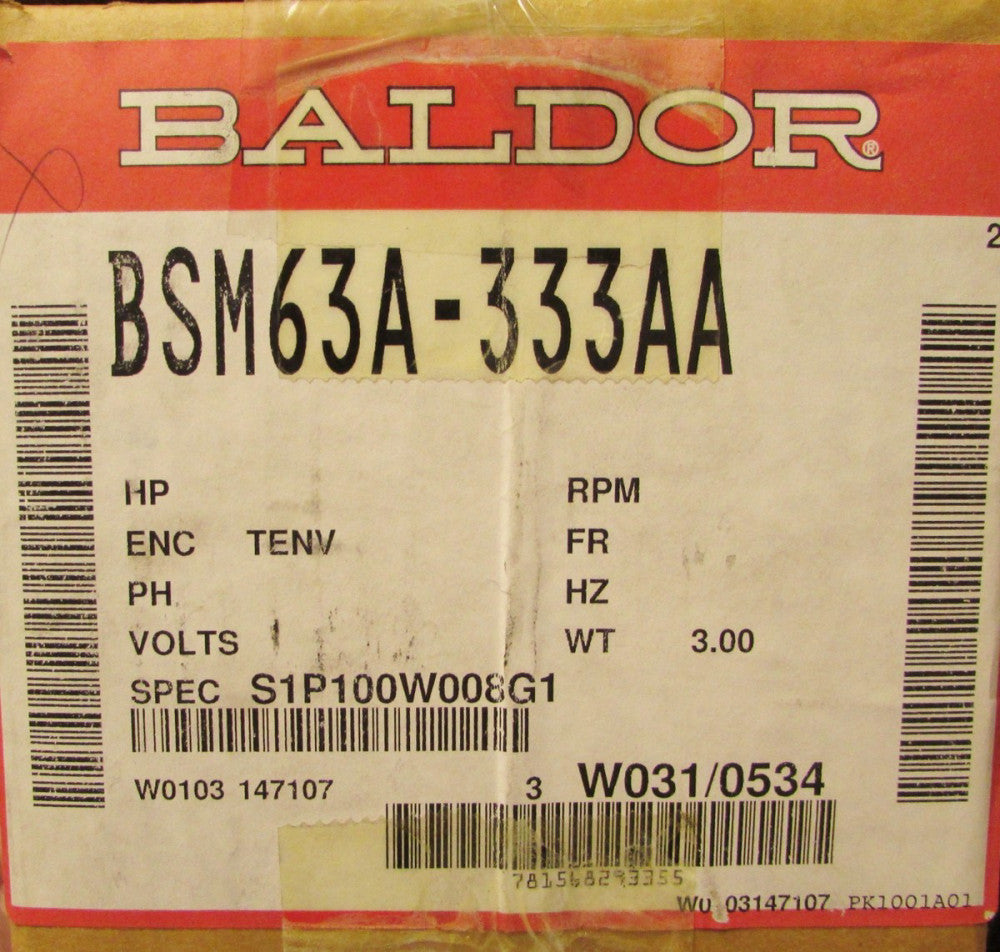 BALDOR 6000 RPM 200 V AC SMCO Servo Motor BSM63A 333AA