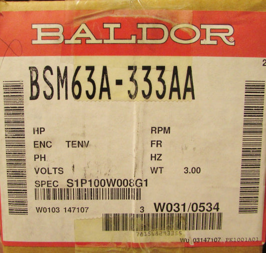 BALDOR 6000 RPM 200 V AC SMCO Servo Motor BSM63A 333AA