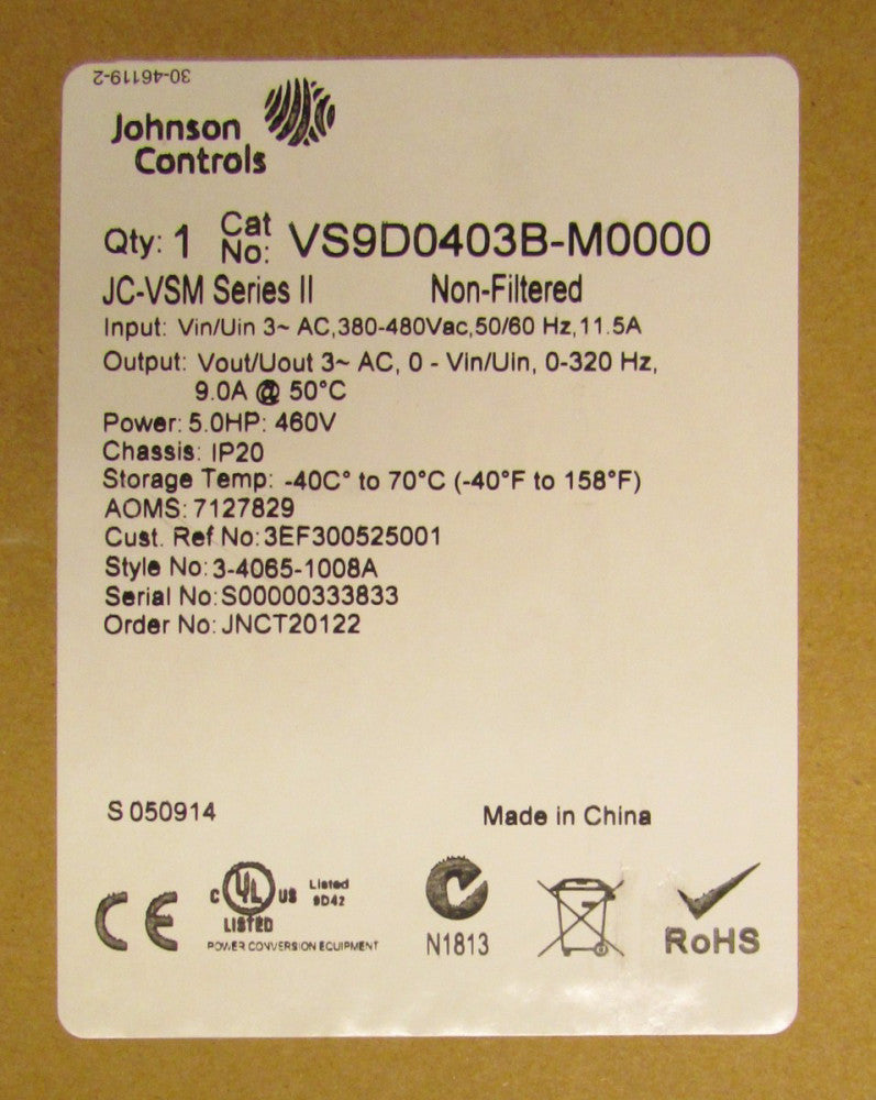 JOHNSON CONTROLS VS9D0403B M0000 5HP JC-VSM Series 11 Variable Speed Drive 