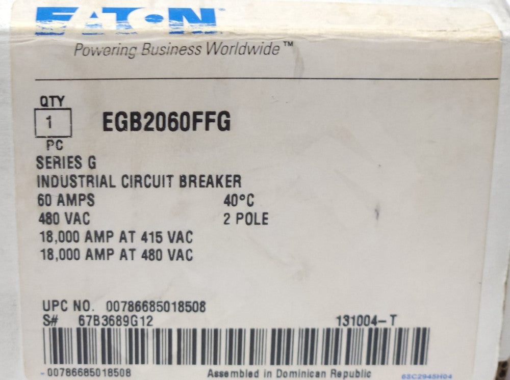EATON CUTLER HAMMER EGB2060FFG 2 Pole 60 AMP Type EGB E125B Circuit Breaker