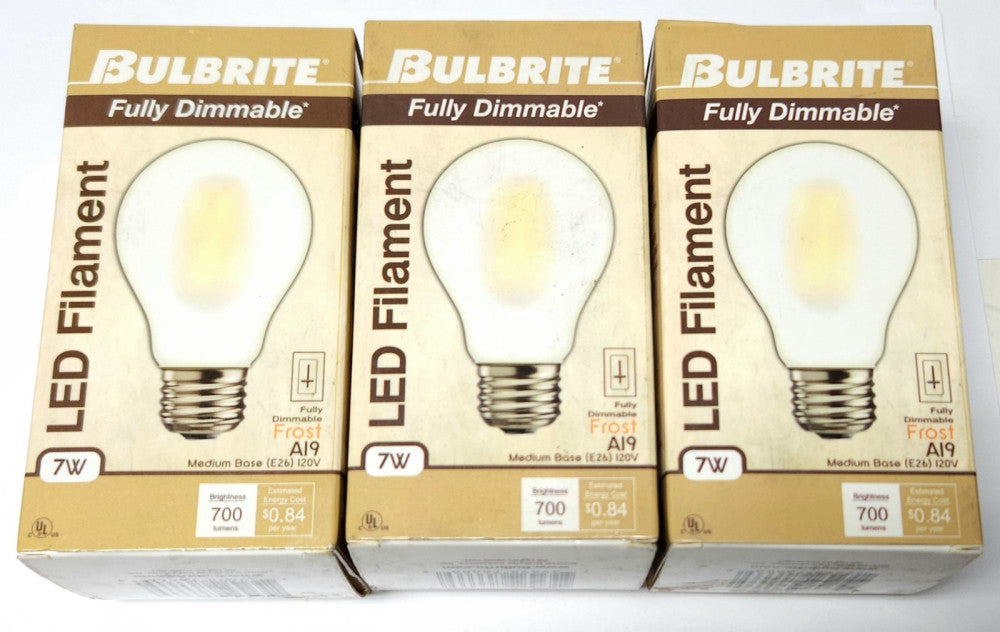 LOT OF 3 BULBRITE 776666 FROST Fully Dimmable LED7A19 27K FIL F 2 120 VAC A19