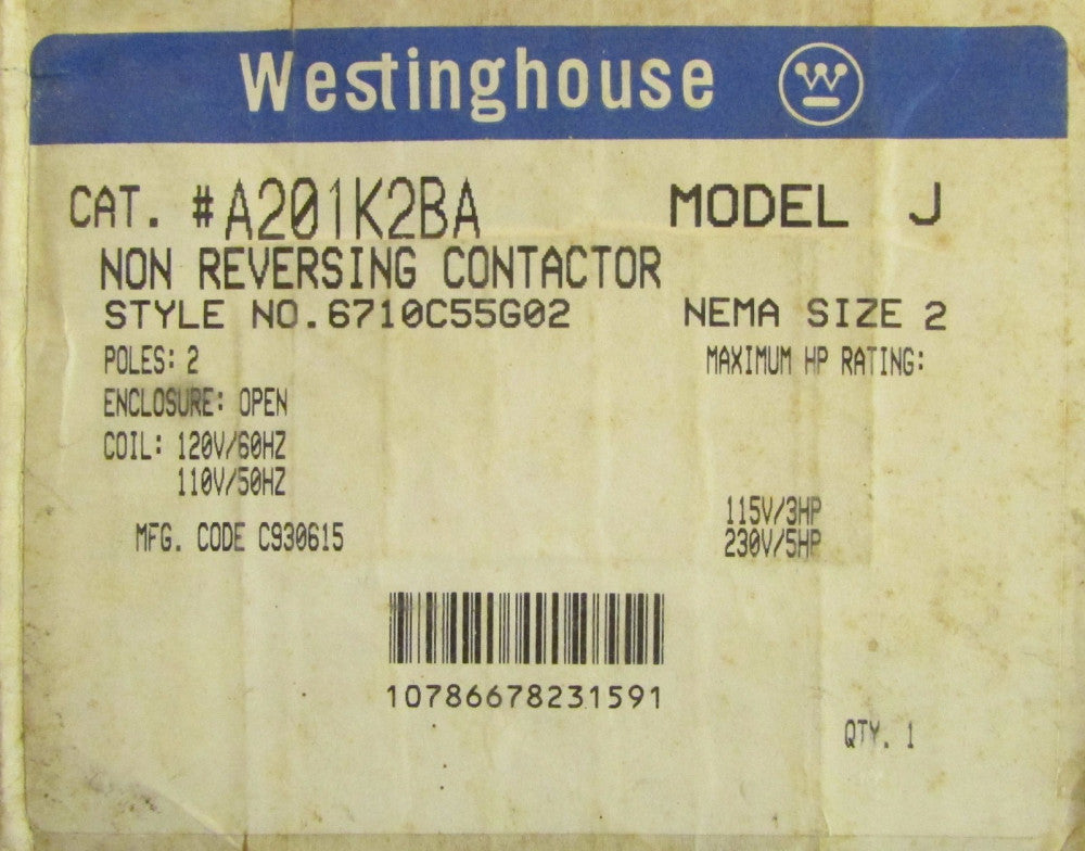 WESTINGHOUSE A200 Size 2 Contactor 2 Pole 110/120V A201K2BA