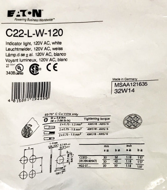 EATON C22 L W 120 White 120 VAC Indicator Indicating Pilot Light C22-L-W-120
