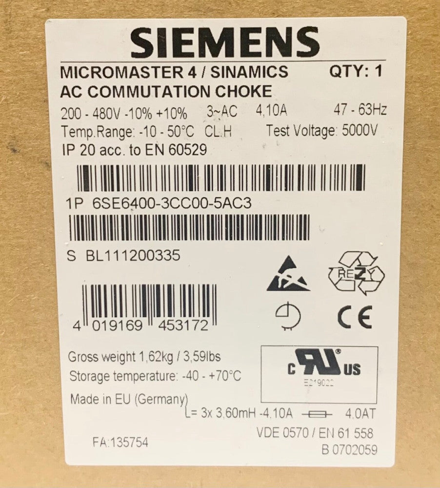 SIEMENS 6SE6400 3CC00 5AC3 Micromaster 4 SINAMICS AC Drive COMMUTATION CHOKE