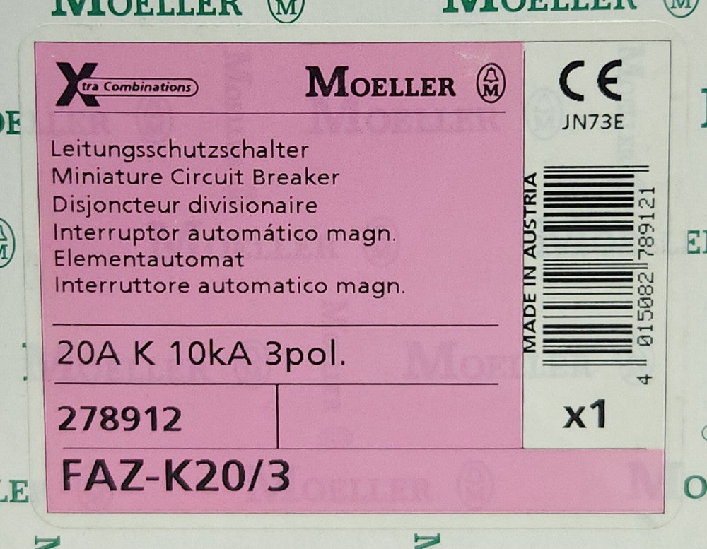 KLOCKNER-MOELLER 3 Pole 20 AMP 10kA Miniature Circuit Breaker 278912 JN73E