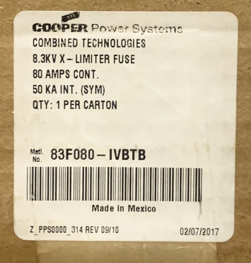 COOPER POWER 83F080 IVBTB 80 AMP 8.3 KV 50 KA Combined Technologies Fuse X