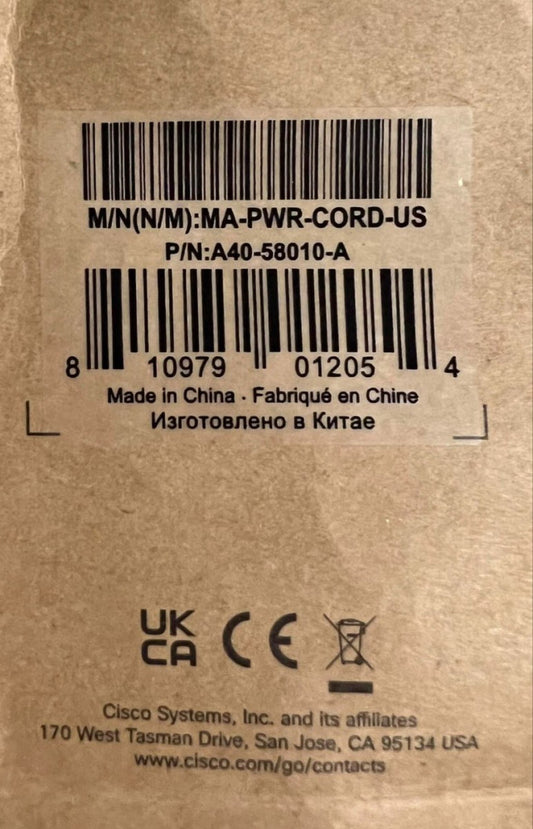 CISCO MERAKI P/N A40 58010 A Power Cord M/N (N/M) MA PWR CORD US