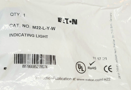EATON CUTLER HAMMER M22 L Y W Yellow Illuminated Indicating Light M22-L-Y-W