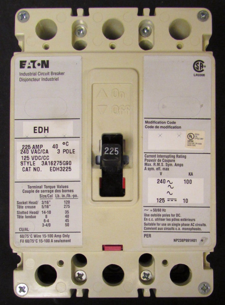 EATON CUTLER HAMMER EDH Breaker 3 Pole 225 Amp French Canadian Label EDH3225