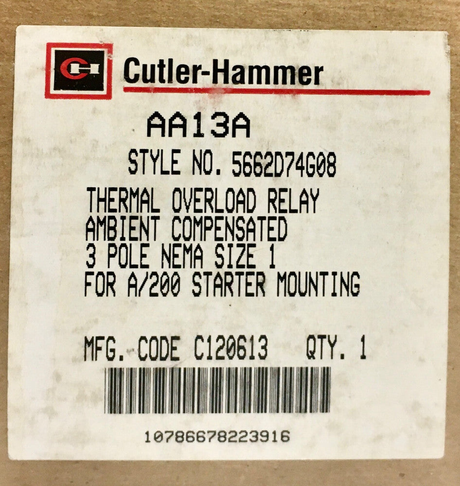 CUTLER HAMMER AA13A 3 Pole Size 1 A200 Starter Mount Overload Relay 5662D74G08