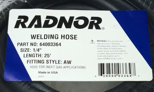 RADNOR 64003364 Welding Hose Size 1/4" Length 25' AW Fitting 25 Foot