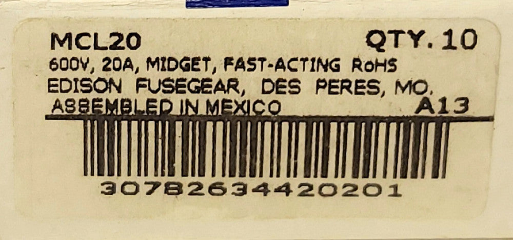 BOX OF 10 EDISON MCL20 600 VAC 20 AMP Midget Fuse