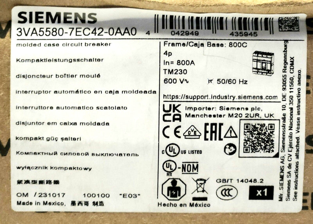 SIEMENS 3VA5580 7EC42 0AA0 4 Pole 800 AMP Type 3VA5 Circuit Breaker FRAME 800C
