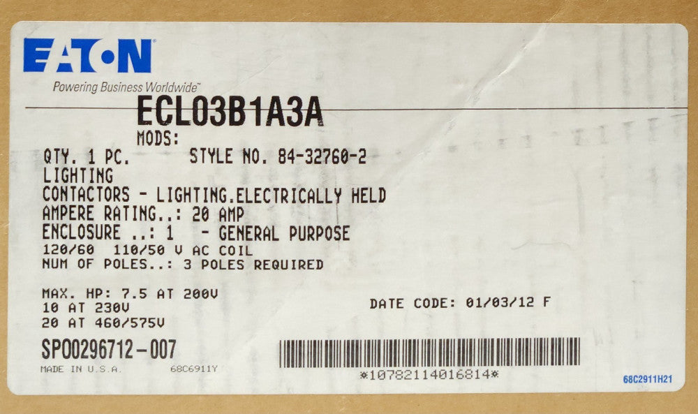 EATON CUTLER HAMMER ECL03B1A3A 20 AMP 3 Pole Lighting Contactor CN35BN3 120 VAC