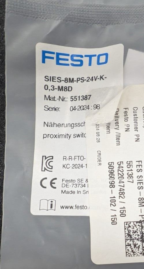 New, Festo, SIES-8M-PS-24V-K-0,3-M8D, SENSOR PROX INDUCTIVE 1.5MM MOD