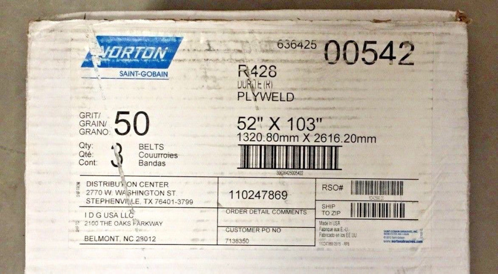 Norton R428 Sanding Belt 52"x103" (box of 3)