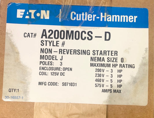 EATON CUTLER HAMMER A200M0CS-D A200 Size 0 125 VDC A200M0CS Starter