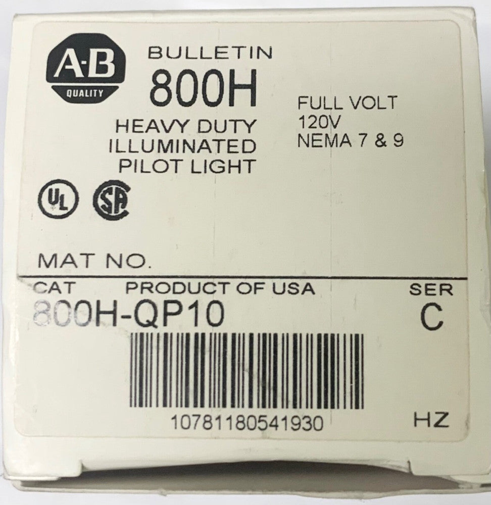 ALLEN BRADLEY 800H QP10 Heavy Duty Illuminated Pilot Light 120 VAC Nema 7 Nema9 