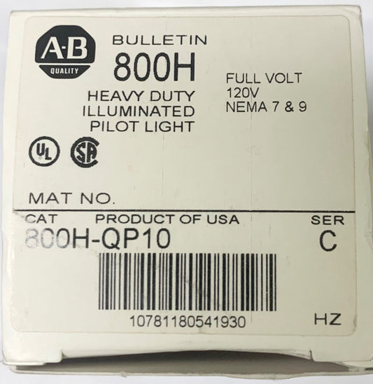 ALLEN BRADLEY 800H QP10 Heavy Duty Illuminated Pilot Light 120 VAC Nema 7 Nema9 