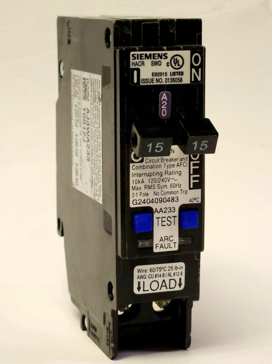 SIEMENS Q1515AFCNCSA TANDEM 15 AMP DUPLEX TYPE QTAN AFCI Arc Fault Circuit