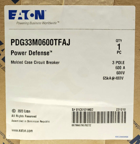 EATON PDG33M0600TFAJ 3 Pole 600 AMP Type PDG3 POWER DEFENSE Circuit Breaker