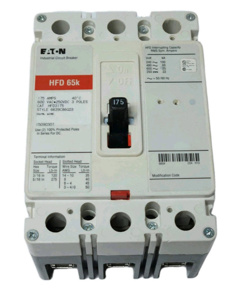EATON CUTLER HAMMER HFD3175 3 Pole 175 AMP Type HFD Circuit Breaker Hasp Lock Ho