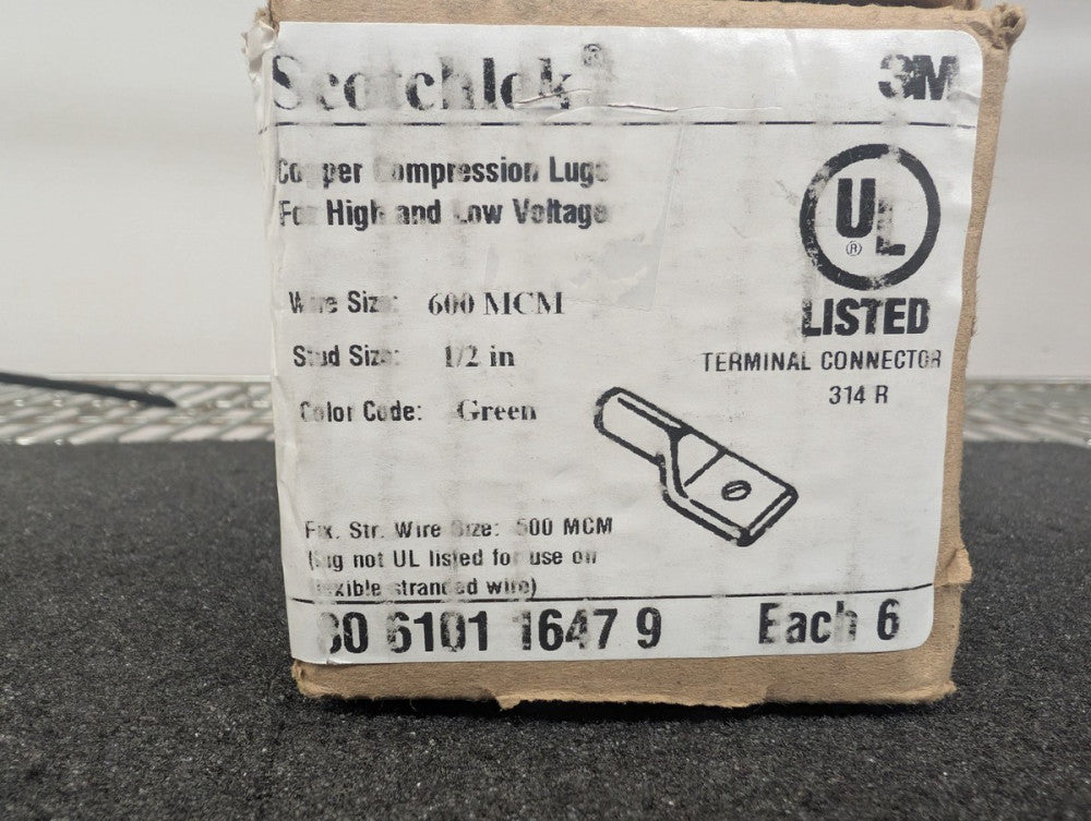New, 3M, 31068, Scotchlok Copper One Hole Long Barrel Lug600 MCM Green, Lot of 6