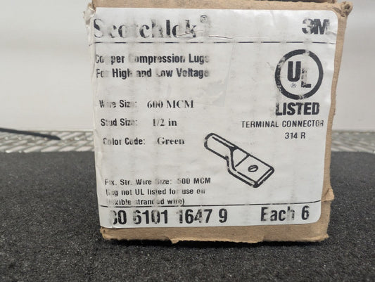 New, 3M, 31068, Scotchlok Copper One Hole Long Barrel Lug600 MCM Green, Lot of 6