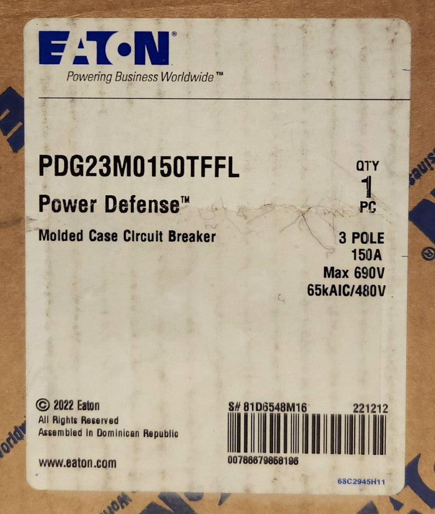 EATON PDG23M0150TFFL 3 Pole 150 AMP PDG2 Power Defense Circuit Breaker